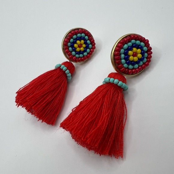 J. Crew Red Beaded Tassel Stud Earrings and Dust Bag. - Picture 2 of 9